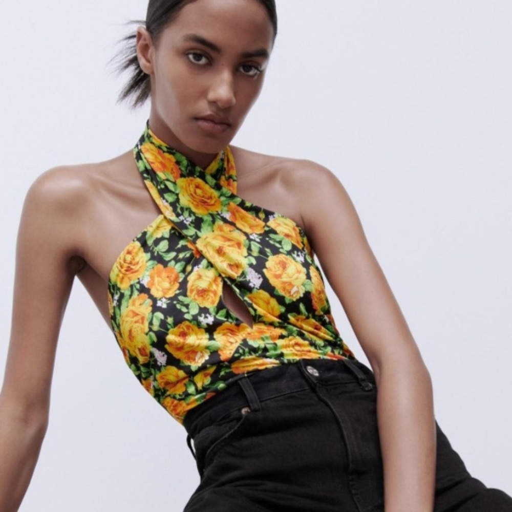 ZARA Women’s CrossNeck Floral Print BODYSUIT Size Small